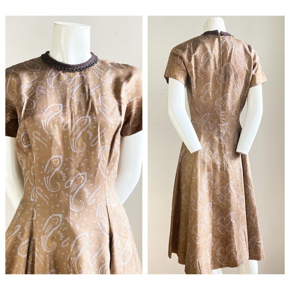 Vintage Paisley Print Beige Blue Earthtones Short Sleeve Fit and FLare Dress S